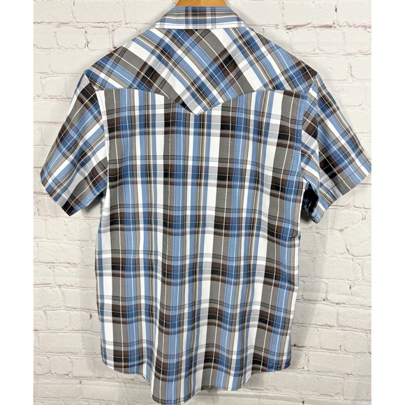 Coevals Club Shirt Men's Size Med. Blue Brown Plaid Pearl Snap Up Short Sleeve - Picture 7 of 9